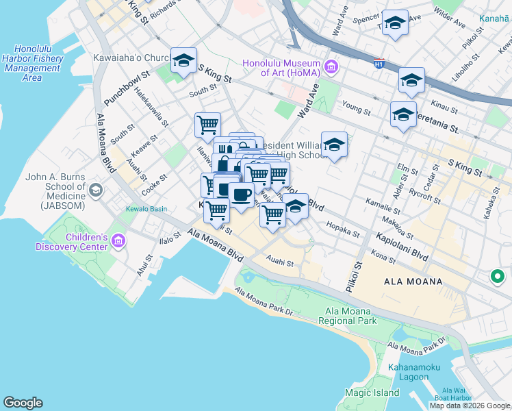 map of restaurants, bars, coffee shops, grocery stores, and more near 945 Queen Street in Honolulu