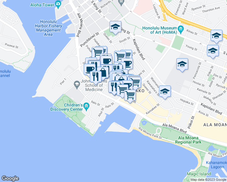 map of restaurants, bars, coffee shops, grocery stores, and more near 805 Pohukaina Street in Honolulu