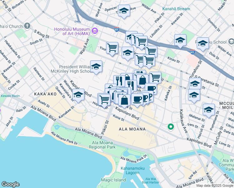 map of restaurants, bars, coffee shops, grocery stores, and more near Piikoi Street & Kamaile Street in Honolulu