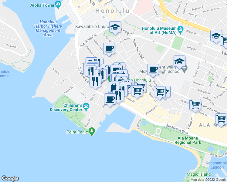 map of restaurants, bars, coffee shops, grocery stores, and more near 805 Pohukaina Street in Honolulu