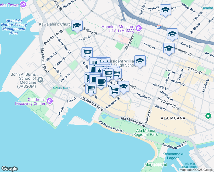 map of restaurants, bars, coffee shops, grocery stores, and more near 945 Queen Street in Honolulu