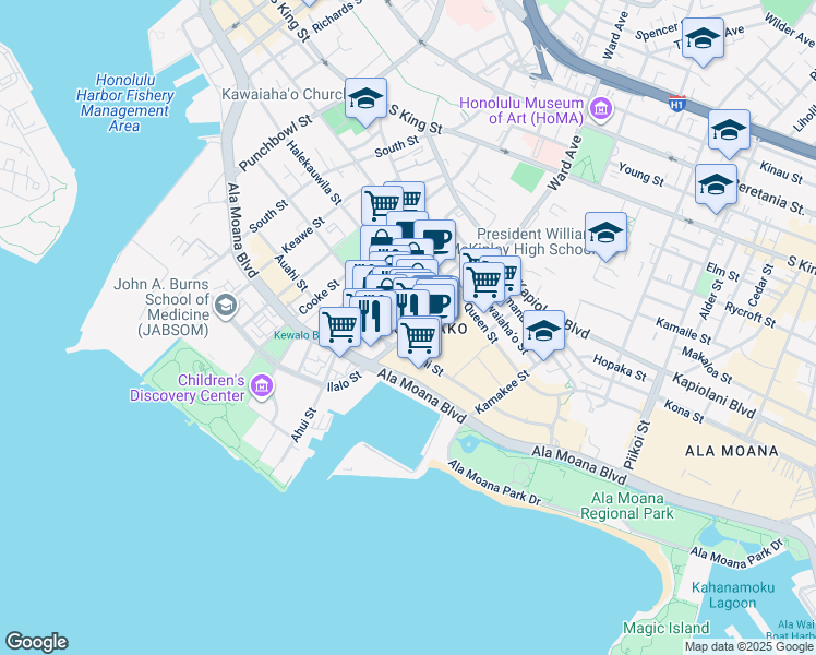 map of restaurants, bars, coffee shops, grocery stores, and more near 318 Kamani St in Honolulu