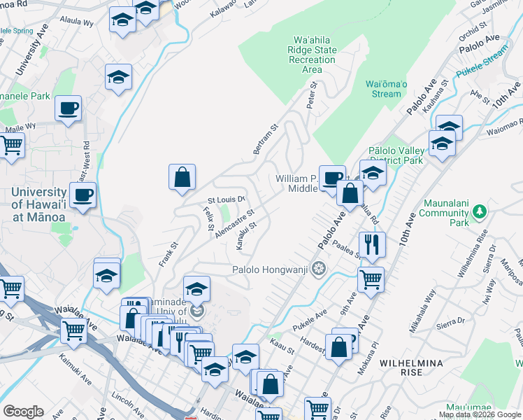 map of restaurants, bars, coffee shops, grocery stores, and more near 3004 Libert Street in Honolulu