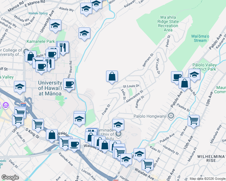map of restaurants, bars, coffee shops, grocery stores, and more near 1510 Bertram Street in Honolulu