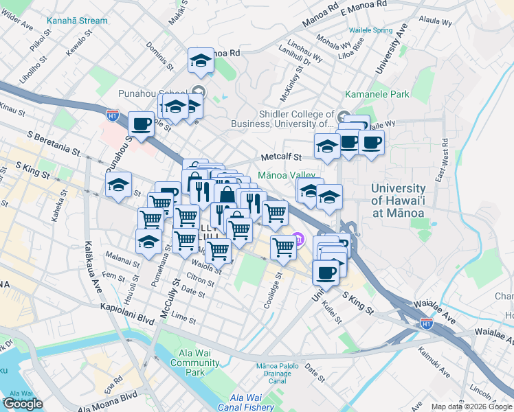 map of restaurants, bars, coffee shops, grocery stores, and more near 2113 Bingham Street in Honolulu