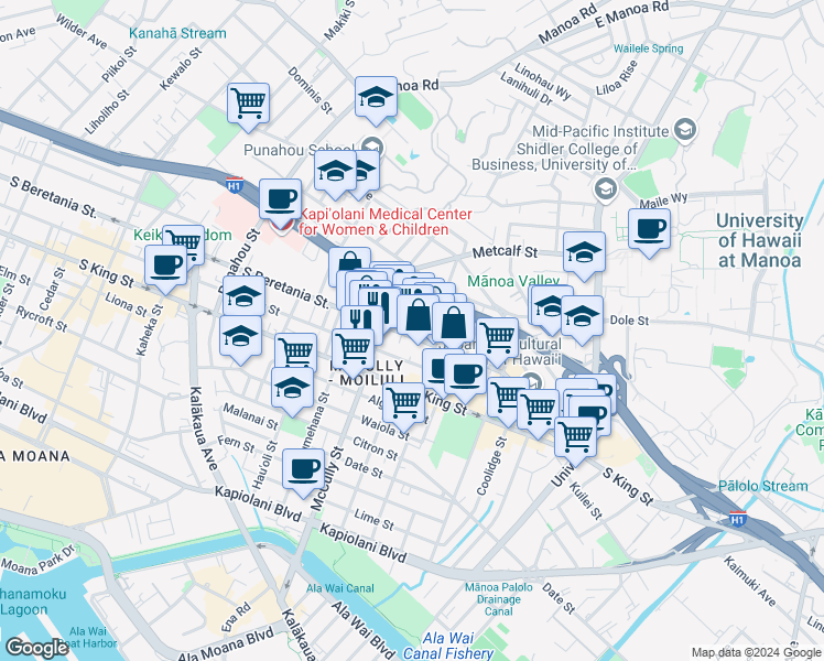 map of restaurants, bars, coffee shops, grocery stores, and more near 2022 Coyne Street in Honolulu