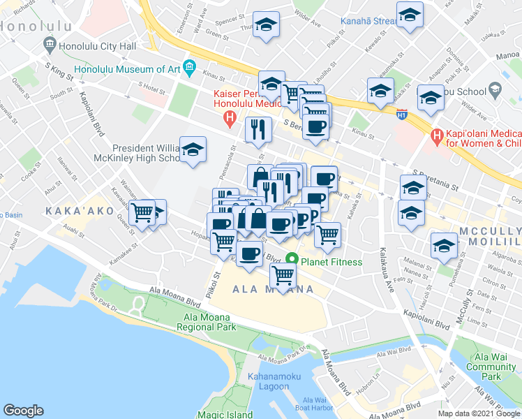 map of restaurants, bars, coffee shops, grocery stores, and more near 730 Alder Street in Honolulu