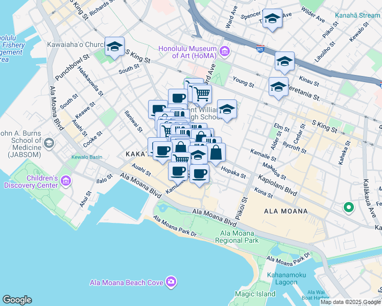 map of restaurants, bars, coffee shops, grocery stores, and more near 1009 Kapiolani Boulevard in Honolulu