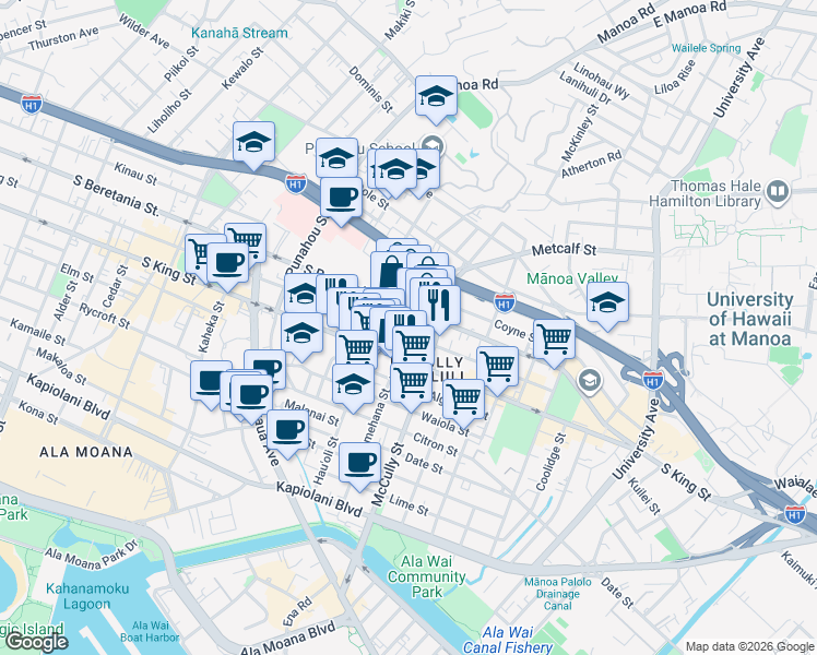 map of restaurants, bars, coffee shops, grocery stores, and more near 1920 Young Street in Honolulu