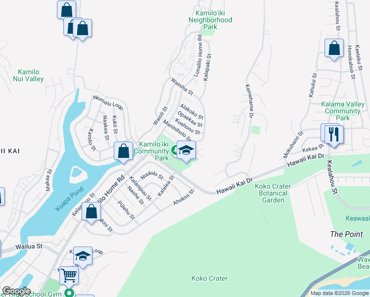 map of restaurants, bars, coffee shops, grocery stores, and more near 7247 Kipu Place in Honolulu