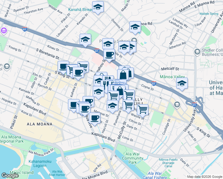 map of restaurants, bars, coffee shops, grocery stores, and more near 1019 Pawaa Lane in Honolulu