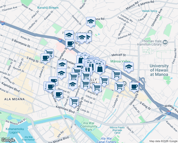 map of restaurants, bars, coffee shops, grocery stores, and more near in Honolulu