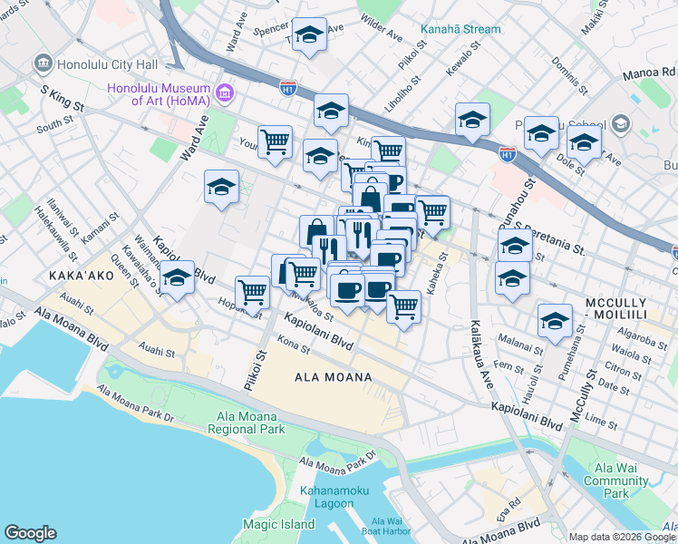 map of restaurants, bars, coffee shops, grocery stores, and more near 1251 Rycroft Street in Honolulu