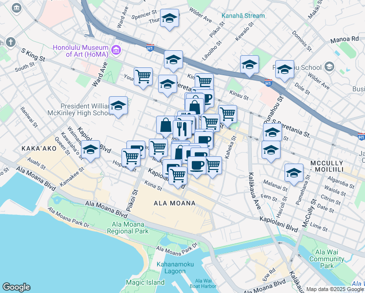 map of restaurants, bars, coffee shops, grocery stores, and more near 1251 Rycroft Street in Honolulu