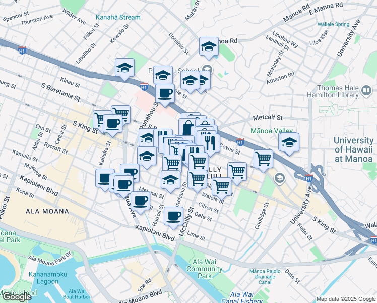 map of restaurants, bars, coffee shops, grocery stores, and more near 1120 Artesian Street in Honolulu