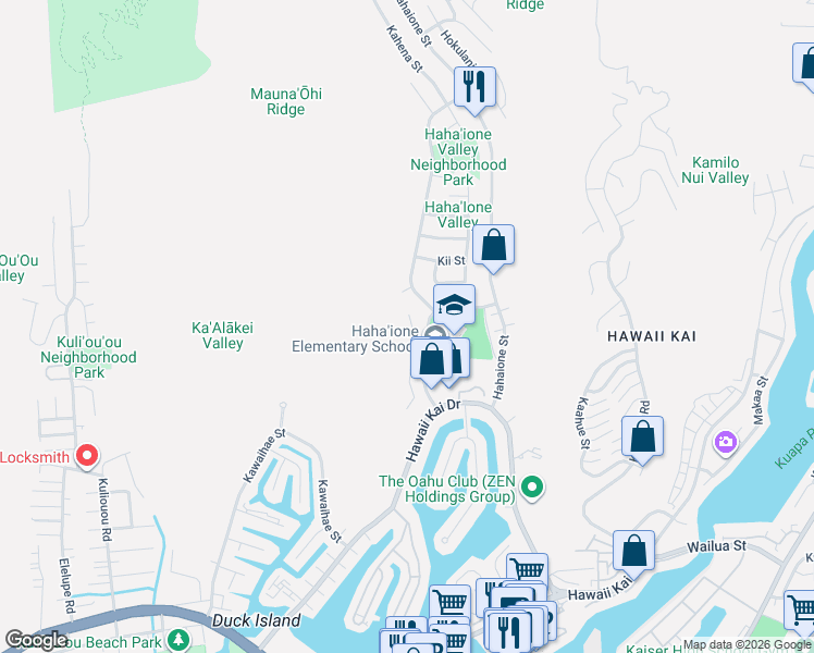 map of restaurants, bars, coffee shops, grocery stores, and more near 595 Pepeʻekeo Place in Honolulu