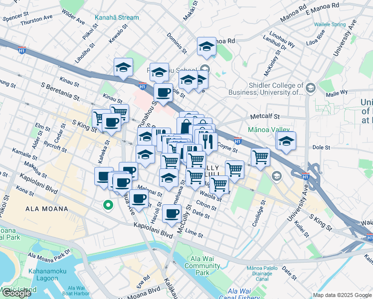map of restaurants, bars, coffee shops, grocery stores, and more near 1120 Artesian Street in Honolulu