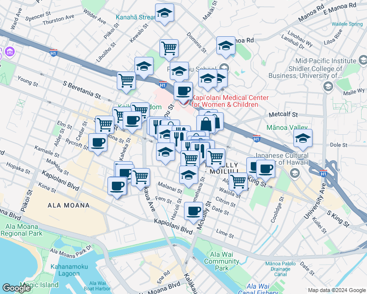 map of restaurants, bars, coffee shops, grocery stores, and more near 1742 Young Street in Honolulu