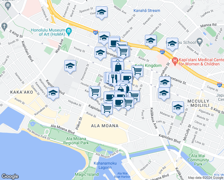 map of restaurants, bars, coffee shops, grocery stores, and more near 818 Sheridan Street in Honolulu