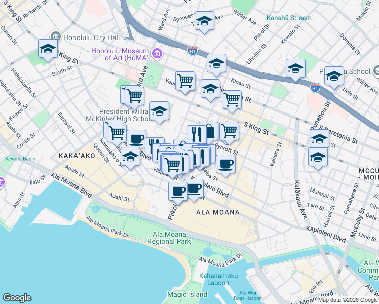map of restaurants, bars, coffee shops, grocery stores, and more near 1117 Hoolai Street in Honolulu