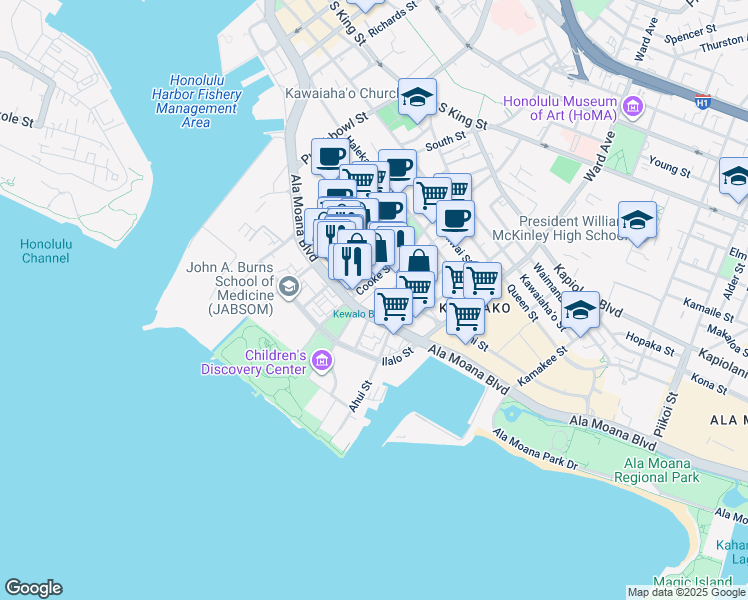 map of restaurants, bars, coffee shops, grocery stores, and more near 742 Auahi Street in Honolulu
