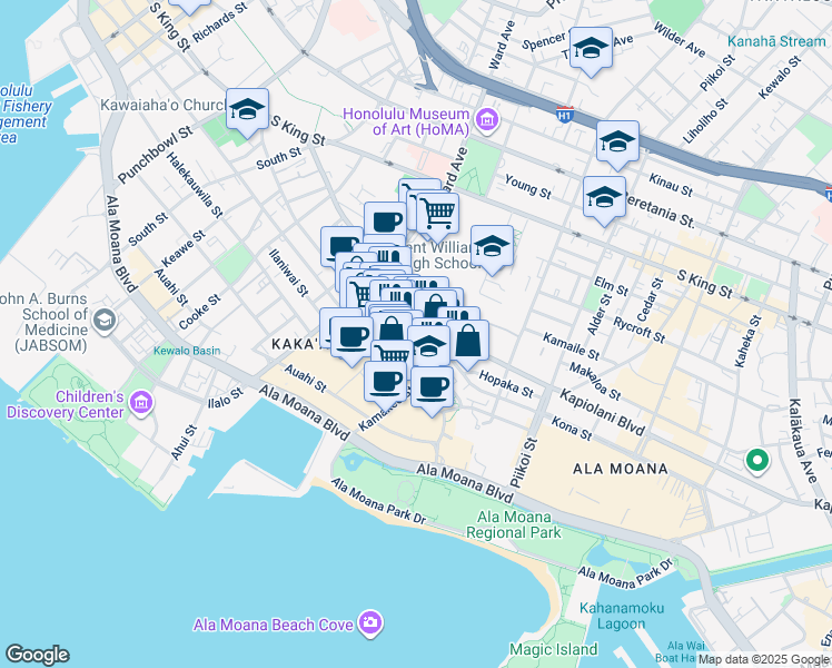 map of restaurants, bars, coffee shops, grocery stores, and more near 1009 Kapiolani Boulevard in Honolulu