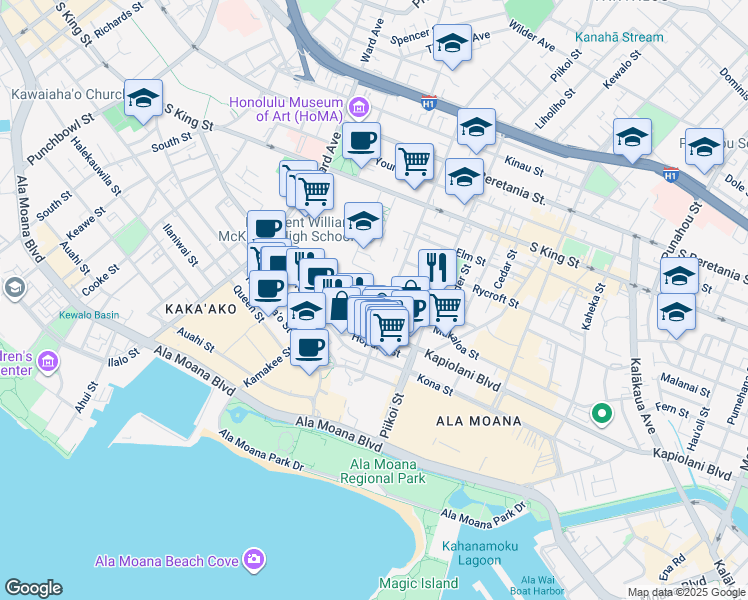map of restaurants, bars, coffee shops, grocery stores, and more near in Honolulu