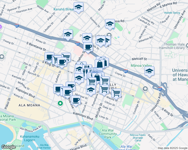 map of restaurants, bars, coffee shops, grocery stores, and more near 1742 Young Street in Honolulu