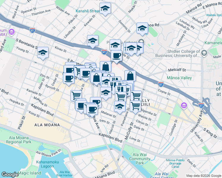 map of restaurants, bars, coffee shops, grocery stores, and more near 1022 Elsie Lane in Honolulu