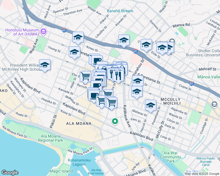 map of restaurants, bars, coffee shops, grocery stores, and more near 930 Kaheka Street in Honolulu