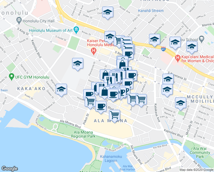 map of restaurants, bars, coffee shops, grocery stores, and more near 1251 Rycroft Street in Honolulu