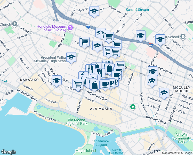 map of restaurants, bars, coffee shops, grocery stores, and more near 730 Alder Street in Honolulu