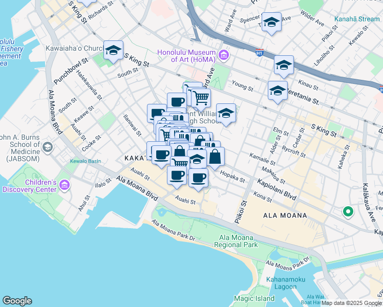 map of restaurants, bars, coffee shops, grocery stores, and more near 1009 Kapiolani Boulevard in Honolulu