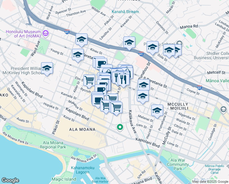 map of restaurants, bars, coffee shops, grocery stores, and more near 930 Kaheka Street in Honolulu