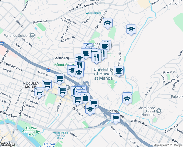 map of restaurants, bars, coffee shops, grocery stores, and more near 2485 Dole Street in Honolulu