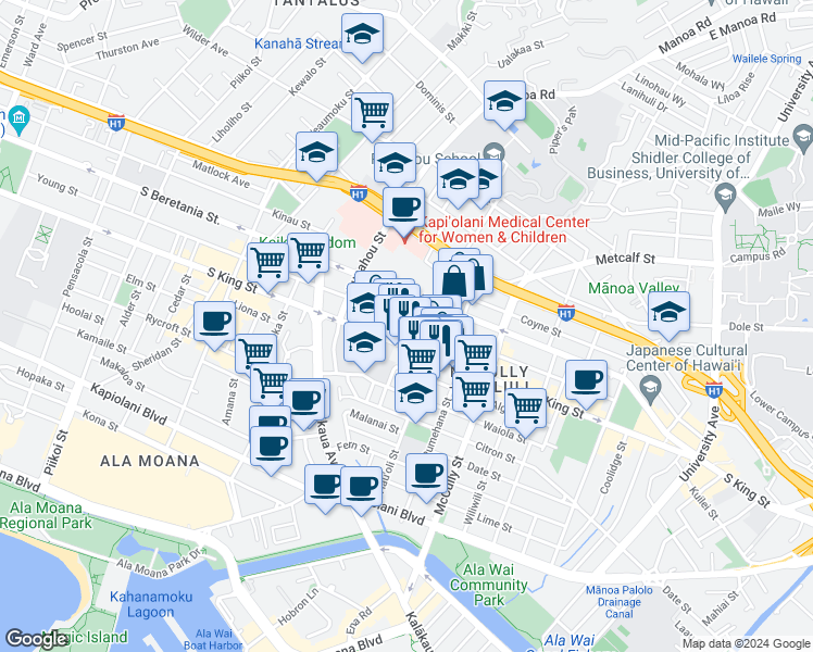 map of restaurants, bars, coffee shops, grocery stores, and more near 1742 Young Street in Honolulu