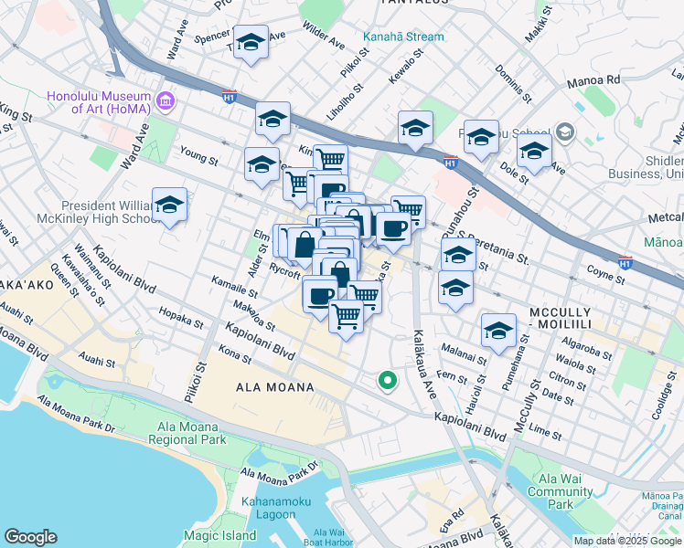 map of restaurants, bars, coffee shops, grocery stores, and more near 835 Ke’eaumoku Street in Honolulu