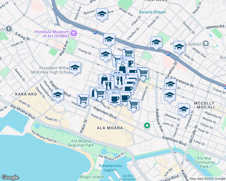 map of restaurants, bars, coffee shops, grocery stores, and more near 1251 Rycroft Street in Honolulu