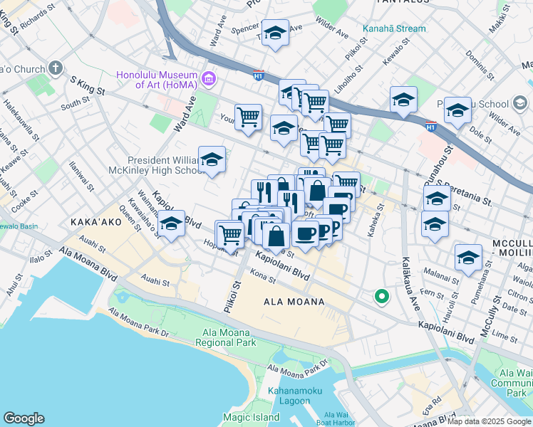 map of restaurants, bars, coffee shops, grocery stores, and more near 730 Alder Street in Honolulu