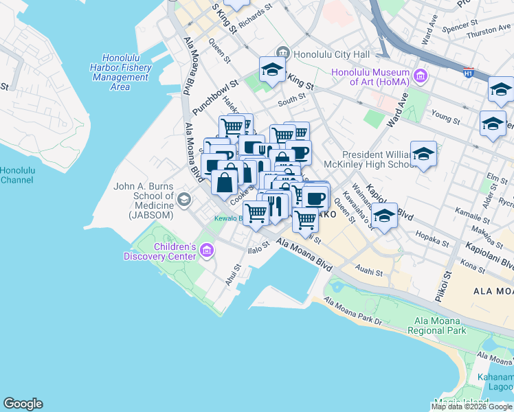 map of restaurants, bars, coffee shops, grocery stores, and more near 805 Pohukaina Street in Honolulu