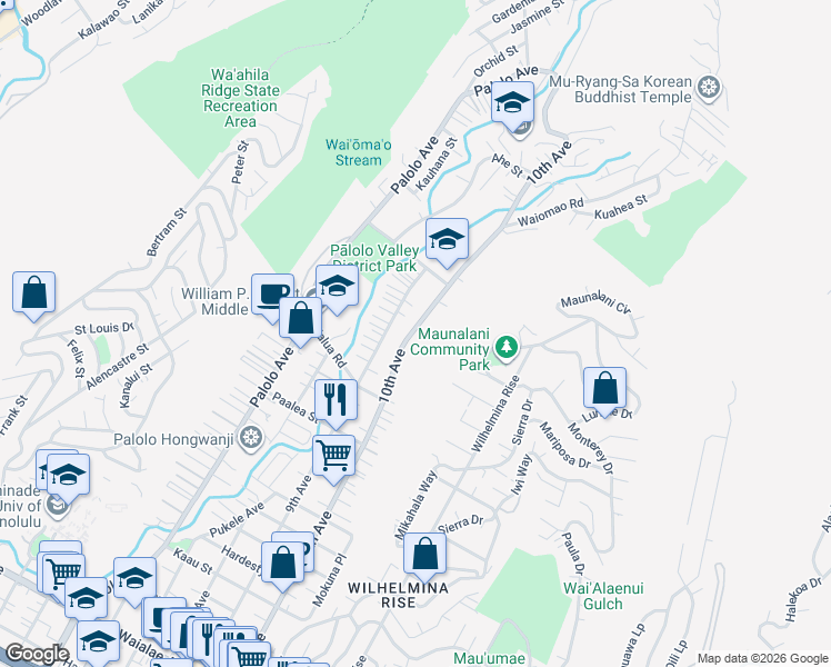 map of restaurants, bars, coffee shops, grocery stores, and more near 2001 10th Avenue in Honolulu