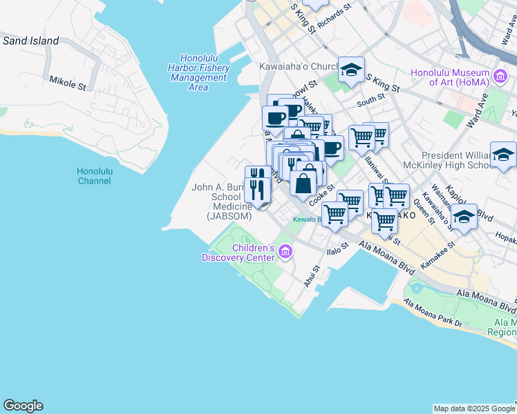 map of restaurants, bars, coffee shops, grocery stores, and more near 651 Ilalo Street in Honolulu