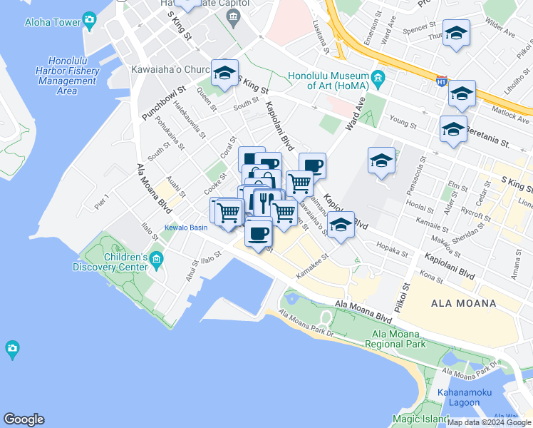 map of restaurants, bars, coffee shops, grocery stores, and more near in Honolulu