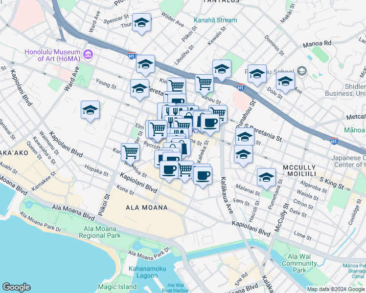 map of restaurants, bars, coffee shops, grocery stores, and more near 835 Keeaumoku Street in Honolulu