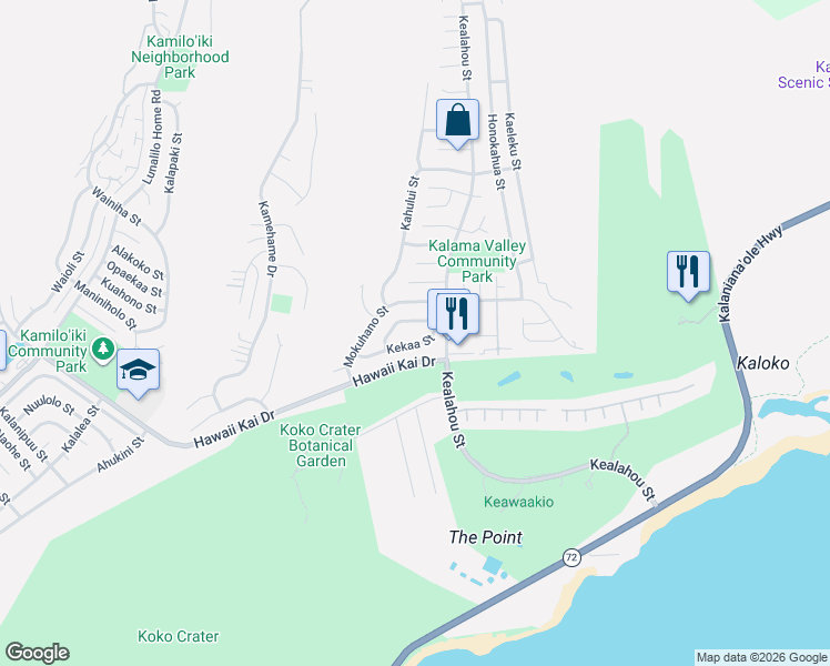 map of restaurants, bars, coffee shops, grocery stores, and more near 7528 Kekaa Street in Honolulu