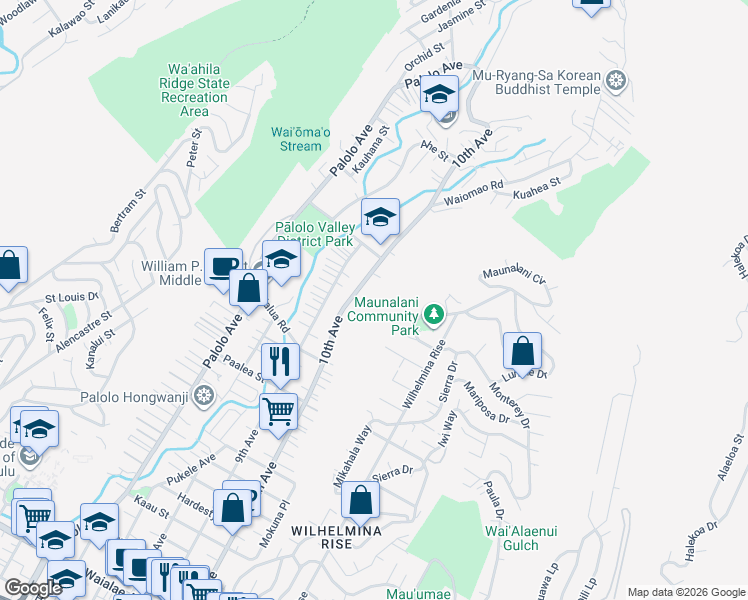 map of restaurants, bars, coffee shops, grocery stores, and more near 2017 10th Avenue in Honolulu
