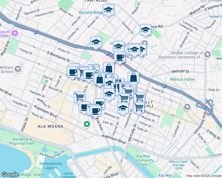 map of restaurants, bars, coffee shops, grocery stores, and more near 1022 Elsie Lane in Honolulu