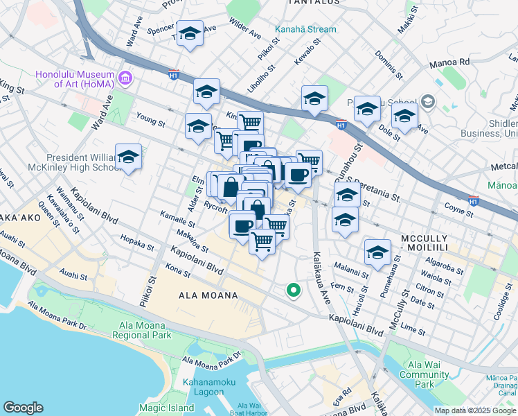 map of restaurants, bars, coffee shops, grocery stores, and more near 835 Ke’eaumoku Street in Honolulu
