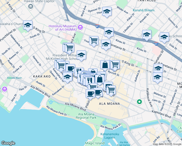 map of restaurants, bars, coffee shops, grocery stores, and more near 1117 Hoolai Street in Honolulu