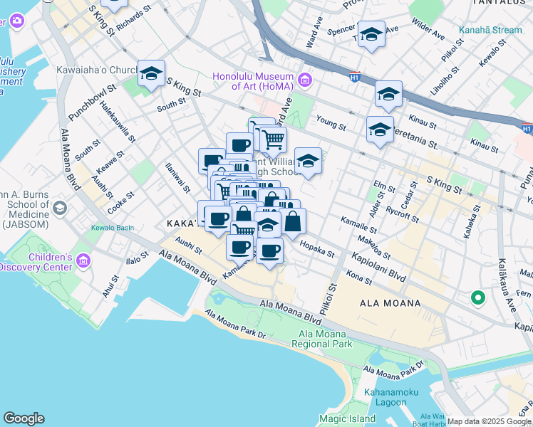 map of restaurants, bars, coffee shops, grocery stores, and more near 1009 Kapiolani Boulevard in Honolulu
